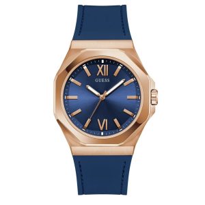 Montre homme Guess Emperor 42 mm réf. GW0850G3, cadran bleu, bracelet silicone, mouvement quartz – vue de face | Horlova Maroc