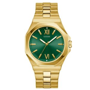 Montre homme Guess Emperor 44 mm réf. GW0849G2, cadran vert, bracelet acier, mouvement quartz – vue de face | Horlova Maroc