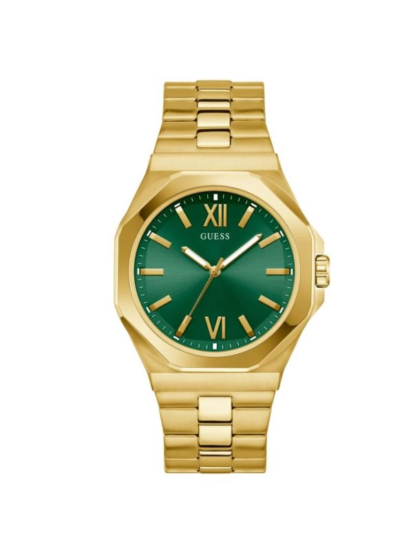 Montre homme Guess Emperor 44 mm réf. GW0849G2, cadran vert, bracelet acier, mouvement quartz – vue de face | Horlova Maroc