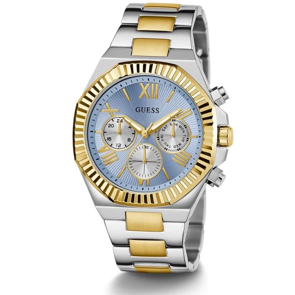 Montre homme Guess Equity 44 mm réf. GW0703G3, cadran bleu, mouvement quartz – vue de trois-quarts