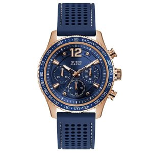 Montre homme Guess Fleet 44 mm réf. W0971G3, cadran bleu, mouvement quartz chronographe – vue de face | Horlova Maroc