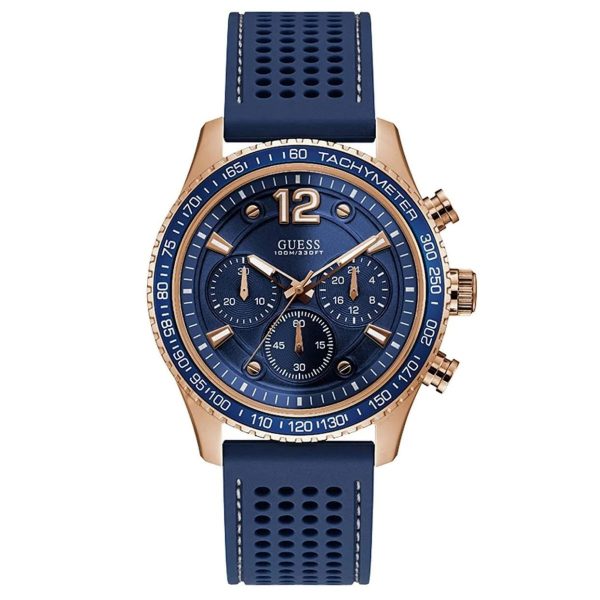 Montre homme Guess Fleet 44 mm réf. W0971G3, cadran bleu, mouvement quartz chronographe – vue de face | Horlova Maroc