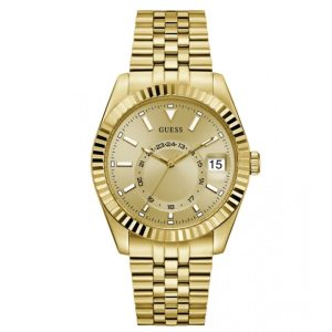 Montre homme Guess Jaden 42 mm réf. GW0977G2, cadran doré, bracelet acier, mouvement quartz – vue de face | Horlova Maroc