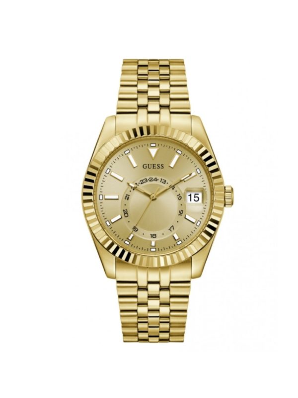 Montre homme Guess Jaden 42 mm réf. GW0977G2, cadran doré, bracelet acier, mouvement quartz – vue de face | Horlova Maroc
