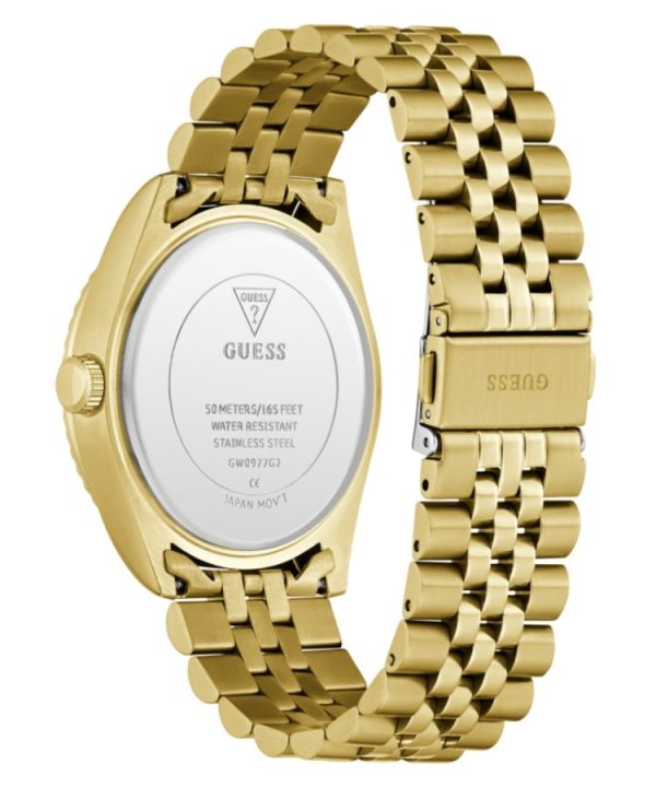 Montre homme Guess Jaden 42 mm réf. GW0977G2, cadran doré, bracelet acier, mouvement quartz – autre angle