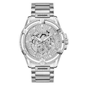 Montre homme Guess King Skeleton 48 mm réf. GW0497G1, bracelet acier, mouvement quartz – vue de face | Horlova Maroc