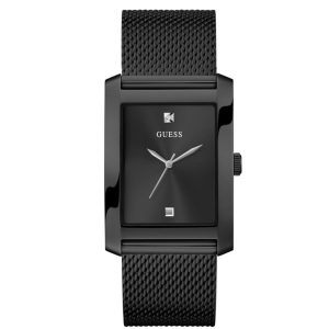 Montre homme Guess Maillé 34 mm réf. GW0898G3, cadran noir, bracelet maille milanaise, mouvement quartz – vue de face | Horlova Maroc