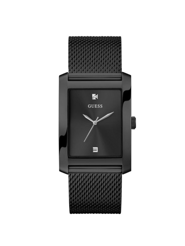 Montre homme Guess Maillé 34 mm réf. GW0898G3, cadran noir, bracelet maille milanaise, mouvement quartz – vue de face | Horlova Maroc