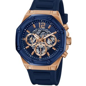 Montre homme Guess Momentum 44 mm réf. GW0263G2, cadran bleu, bracelet acier, mouvement quartz – vue de face | Horlova Maroc