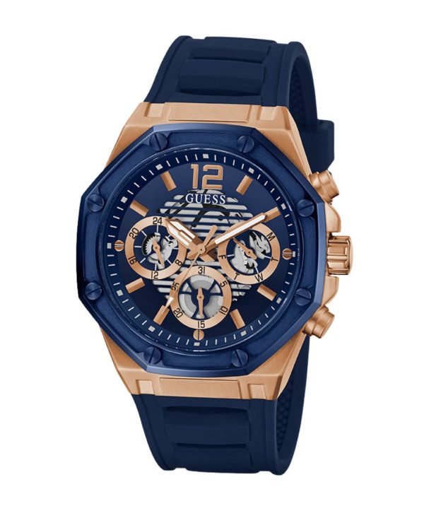 Montre homme Guess Momentum 44 mm réf. GW0263G2, cadran bleu, bracelet acier, mouvement quartz – vue de face | Horlova Maroc