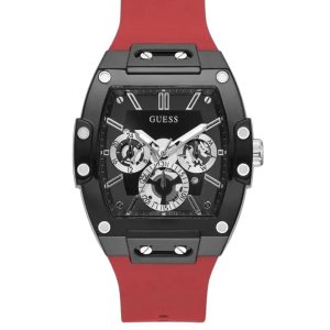 Montre homme Guess Phoenix 43 mm réf. GW0203G4, cadran noir, bracelet silicone, mouvement quartz – vue de face | Horlova Maroc