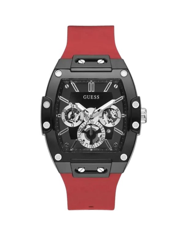 Montre homme Guess Phoenix 43 mm réf. GW0203G4, cadran noir, bracelet silicone, mouvement quartz – vue de face | Horlova Maroc