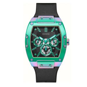 Montre homme Guess Phoenix 43 mm réf. GW0203G9, cadran noir, bracelet silicone, mouvement quartz – vue de face | Horlova Maroc