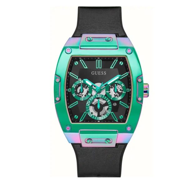 Montre homme Guess Phoenix 43 mm réf. GW0203G9, cadran noir, bracelet silicone, mouvement quartz – vue de face | Horlova Maroc