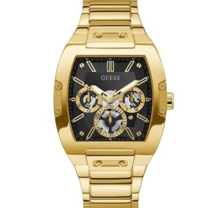 Montre homme Guess Phoenix 43 mm réf. GW0456G1, cadran noir, bracelet acier, mouvement quartz – vue de face | Horlova Maroc
