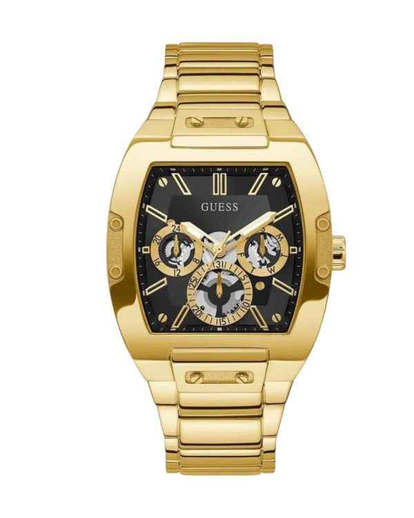 Montre homme Guess Phoenix 43 mm réf. GW0456G1, cadran noir, bracelet acier, mouvement quartz – vue de face | Horlova Maroc