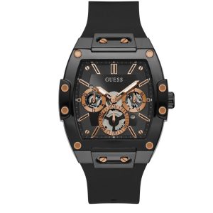 Montre homme Guess Phoenix Unisexe Carré 43 mm réf. GW0203G8, cadran noir, bracelet silicone, mouvement quartz – vue de face | Horlova Maroc