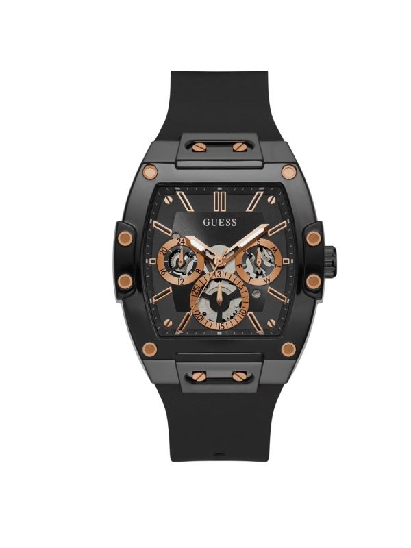 Montre homme Guess Phoenix Unisexe Carré 43 mm réf. GW0203G8, cadran noir, bracelet silicone, mouvement quartz – vue de face | Horlova Maroc