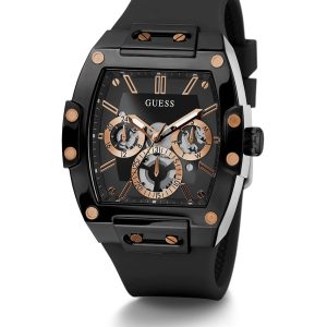 Montre homme Guess Phoenix Unisexe Carré 43 mm réf. GW0203G8, cadran noir, bracelet silicone – vue de trois-quarts