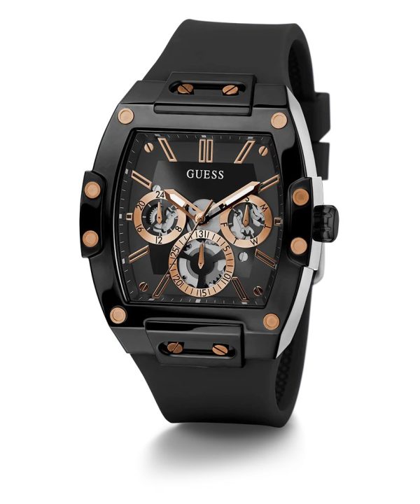 Montre homme Guess Phoenix Unisexe Carré 43 mm réf. GW0203G8, cadran noir, bracelet silicone – vue de trois-quarts