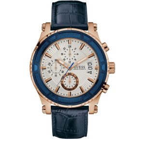 Montre homme Guess Pinnacle 46 mm réf. W0673G6, cadran blanc, bracelet cuir, mouvement quartz chronographe – vue de face | Horlova Maroc