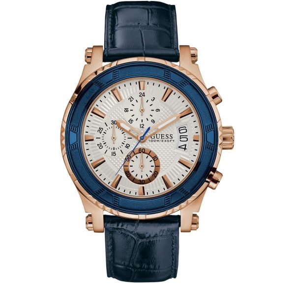 Montre homme Guess Pinnacle 46 mm réf. W0673G6, cadran blanc, bracelet cuir, mouvement quartz chronographe – vue de face | Horlova Maroc