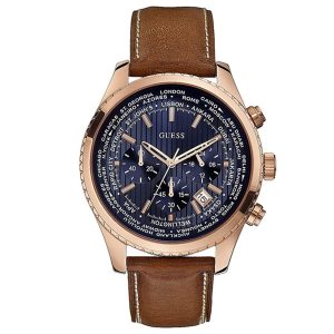 Montre homme Guess Pursuit 46 mm réf. W0500G1, cadran bleu, bracelet cuir, mouvement quartz chronographe – vue de face | Horlova Maroc