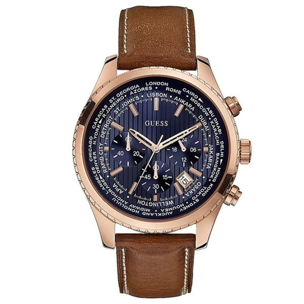 Montre homme Guess Pursuit 46 mm réf. W0500G1, cadran bleu, bracelet cuir, mouvement quartz chronographe – vue de face | Horlova Maroc