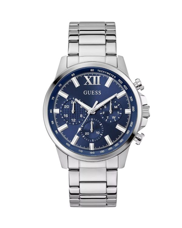 Montre homme Guess Walker 44 mm réf. GW0900G4, cadran bleu, bracelet acier, mouvement quartz – vue de face | Horlova Maroc