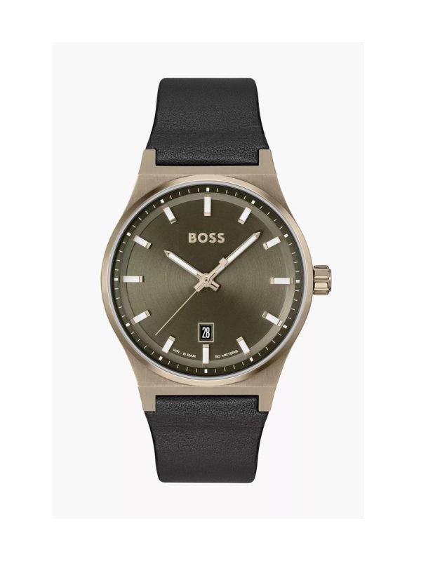 Montre homme Hugo Boss 41 mm réf. 1514080, cadran vert, bracelet cuir, mouvement quartz – vue de face | Horlova Maroc