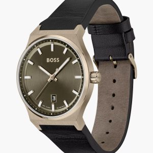 Montre homme Hugo Boss 41 mm réf. 1514080, cadran vert, bracelet cuir – vue de trois-quarts