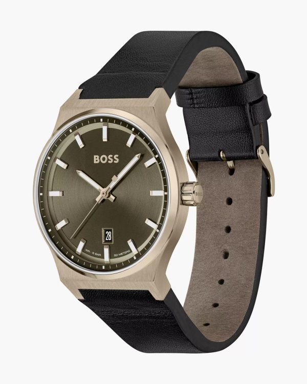 Montre homme Hugo Boss 41 mm réf. 1514080, cadran vert, bracelet cuir – vue de trois-quarts