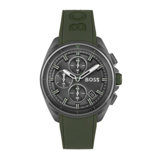 Montre homme Hugo Boss 42 mm réf. 1513952, cadran noir, bracelet cuir, mouvement quartz – vue de face | Horlova Maroc