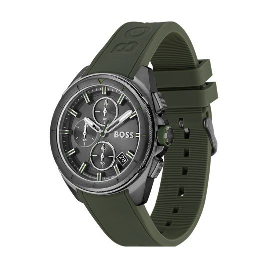 Montre homme Hugo Boss 42 mm réf. 1513952, cadran noir, bracelet cuir, mouvement quartz – vue de profil