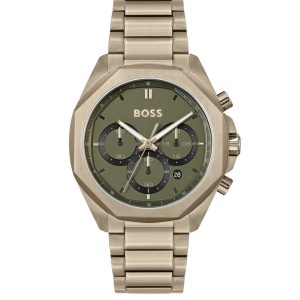Montre homme Hugo Boss 42 mm réf. 1514019, cadran gris, bracelet acier, mouvement quartz chronographe – vue de face | Horlova Maroc