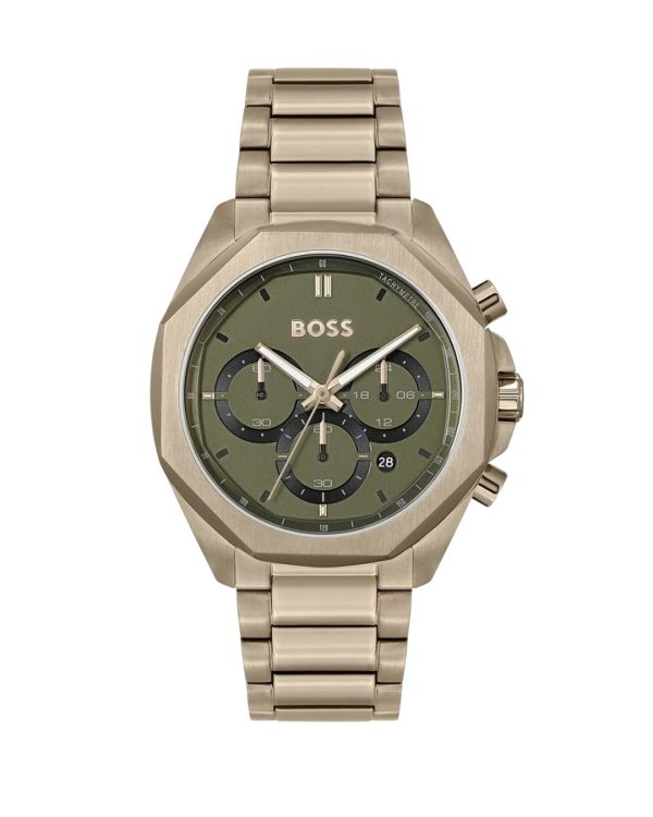 Montre homme Hugo Boss 42 mm réf. 1514019, cadran gris, bracelet acier, mouvement quartz chronographe – vue de face | Horlova Maroc