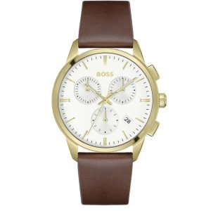 Montre homme Hugo Boss 43 mm réf. 1513926, cadran blanc, bracelet cuir, mouvement quartz chronographe – vue de face | Horlova Maroc