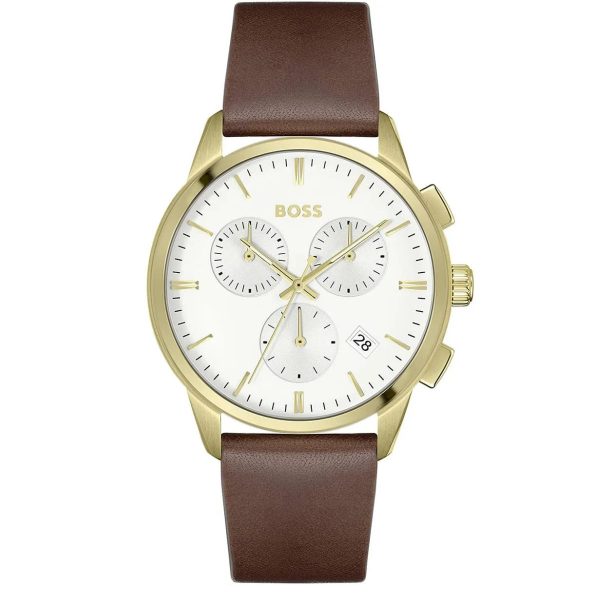 Montre homme Hugo Boss 43 mm réf. 1513926, cadran blanc, bracelet cuir, mouvement quartz chronographe – vue de face | Horlova Maroc