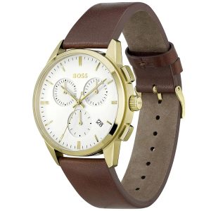 Montre homme Hugo Boss 43 mm réf. 1513926, cadran blanc, bracelet cuir – vue de trois-quarts