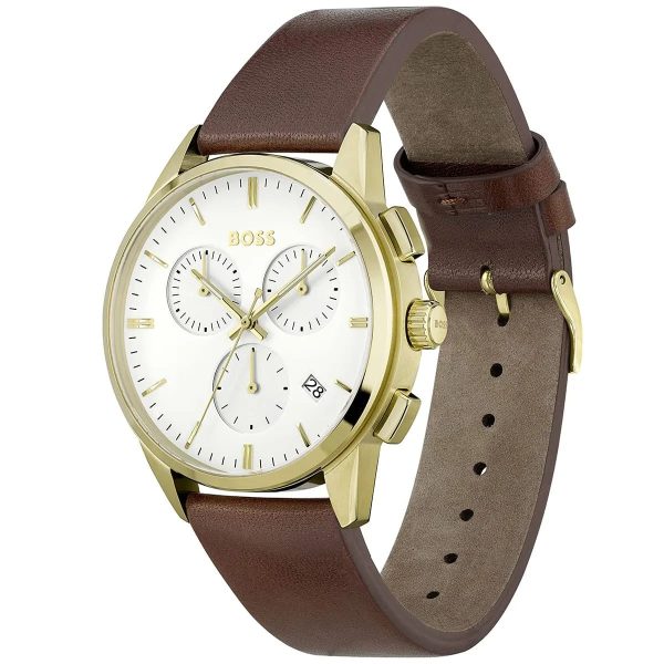 Montre homme Hugo Boss 43 mm réf. 1513926, cadran blanc, bracelet cuir – vue de trois-quarts