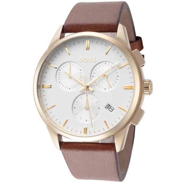 Montre homme Hugo Boss 43 mm réf. 1513926, cadran blanc, bracelet cuir, mouvement quartz chronographe – autre angle