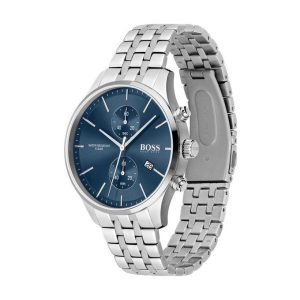 Montre homme Hugo Boss 44 mm réf. 1513384, bracelet acier, mouvement quartz chronographe – vue de trois-quarts