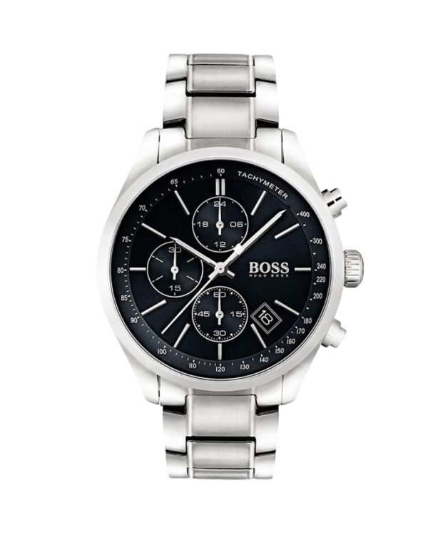 Montre homme Hugo Boss 44 mm réf. 1513477, bracelet acier, mouvement quartz chronographe – vue de face | Horlova Maroc