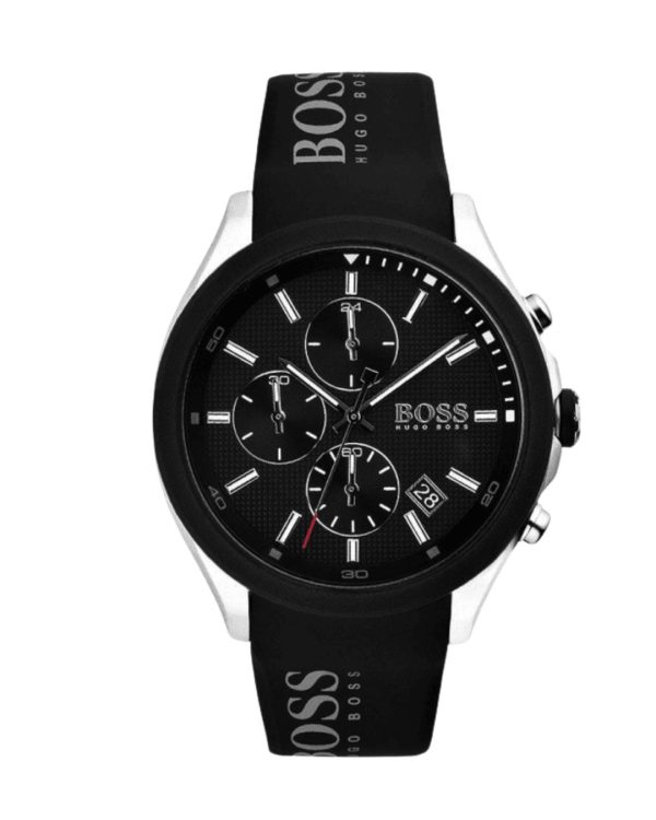 Montre homme Hugo Boss 44 mm réf. 1513716, bracelet silicone, mouvement quartz chronographe – vue de face | Horlova Maroc