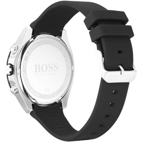 Montre homme Hugo Boss 44 mm réf. 1513716, bracelet silicone, mouvement quartz chronographe – vue de trois-quarts