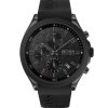 Montre homme Hugo Boss 44 mm réf. 1513720, cadran noir, bracelet caoutchouc, mouvement quartz – vue de face | Horlova Maroc
