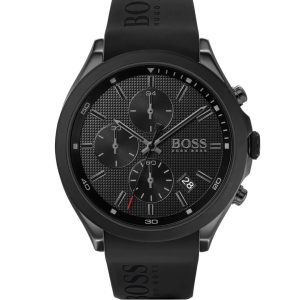 Montre homme Hugo Boss 44 mm réf. 1513720, cadran noir, bracelet caoutchouc, mouvement quartz – vue de face | Horlova Maroc
