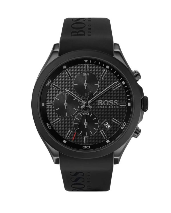 Montre homme Hugo Boss 44 mm réf. 1513720, cadran noir, bracelet caoutchouc, mouvement quartz – vue de face | Horlova Maroc