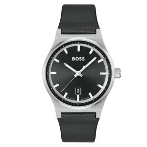Montre homme Hugo Boss 44 mm réf. 1514075, cadran noir, bracelet cuir, mouvement quartz – vue de face | Horlova Maroc