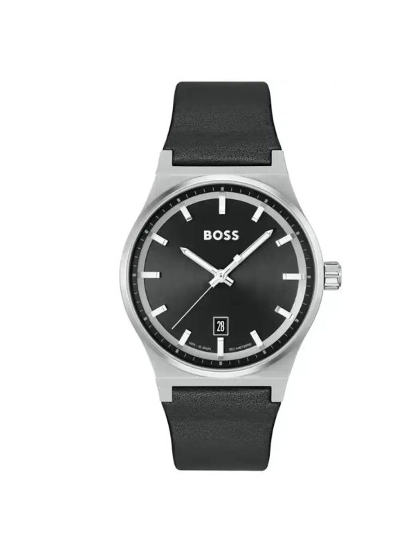 Montre homme Hugo Boss 44 mm réf. 1514075, cadran noir, bracelet cuir, mouvement quartz – vue de face | Horlova Maroc